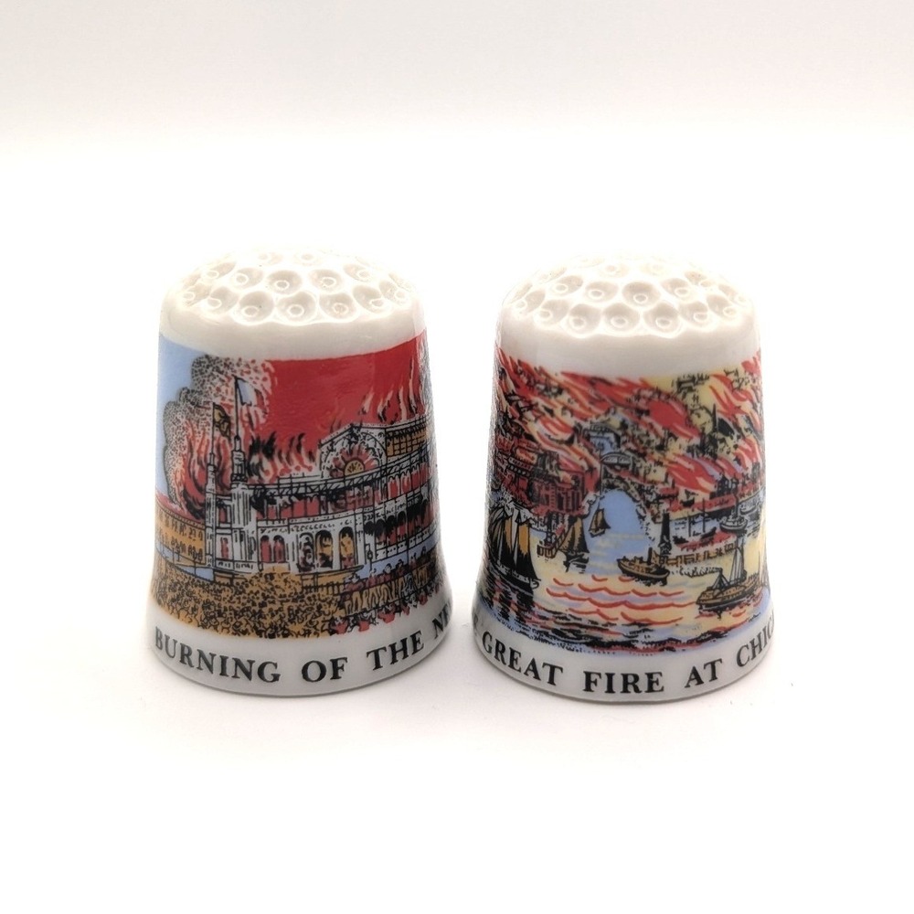 Vintage Porcelain Thimble Set Chicago Great Fire & NY‎ Crystal Palace Historical